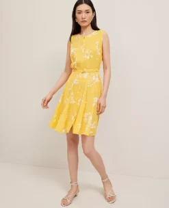Petite Floral Belted Flare Dress in Mimosa Yellow