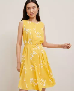 Petite Floral Belted Flare Dress in Mimosa Yellow -Ann Taylor Store 851007 524102 ALT2