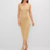 Petite Gold Metallic Ribbed Lurex Midi Dress - Shimmering Scoop Neck Gown