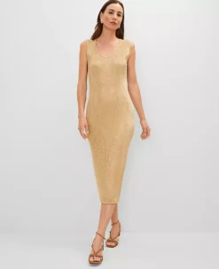 Petite Gold Metallic Ribbed Lurex Midi Dress - Shimmering Scoop Neck Gown