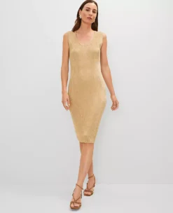 Petite Gold Metallic Ribbed Lurex Midi Dress - Shimmering Scoop Neck Gown -Ann Taylor Store 851030 3277 ALT2