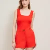 Fiery Red Petite Scalloped Shorts - High-Rise Linen Blend