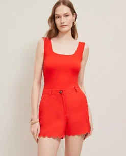 Fiery Red Petite Scalloped Shorts - High-Rise Linen Blend