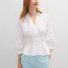 Petite White Peplum Blouse with Elastic Waist and Pointed Collar