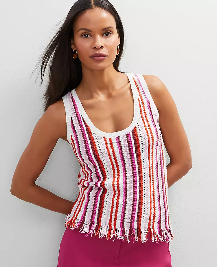 Petite Fringe Striped Shell in Red Pepper - Effortless Bohemian Chic 1 Petite Fringe Striped Shell in Red Pepper - Effortless Bohemian Chic