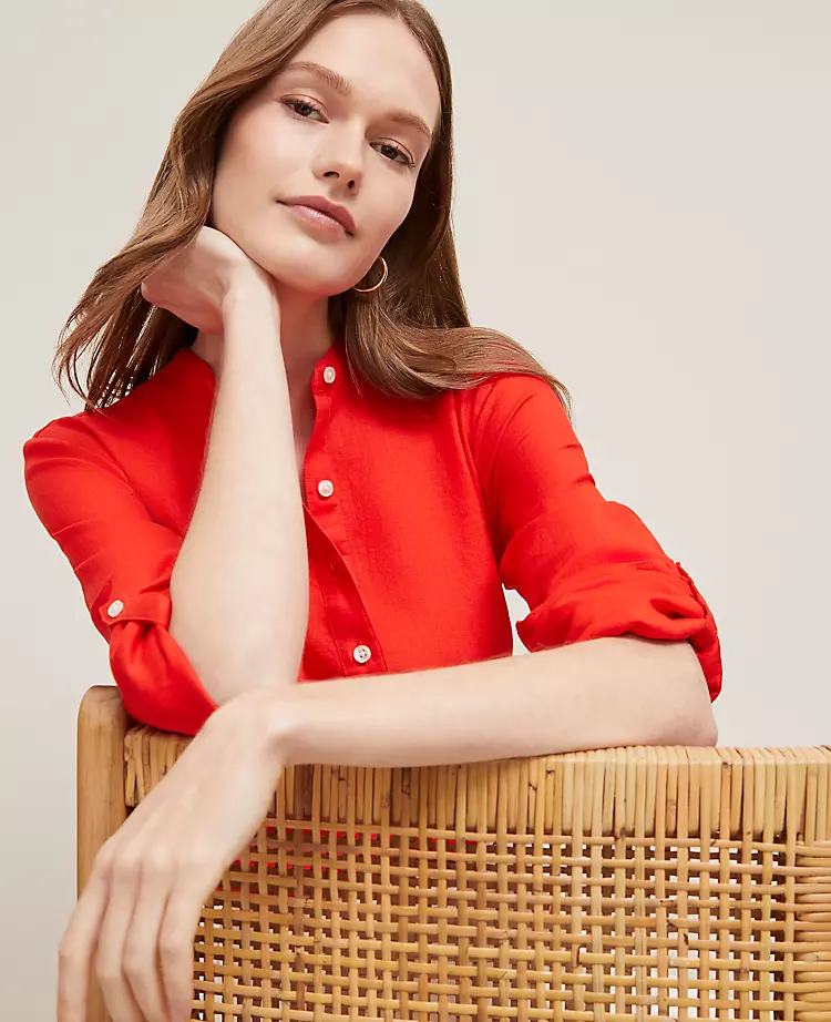 Petite Relaxed Linen Shirt in Fiery Red 1 Petite Relaxed Linen Shirt in Fiery Red
