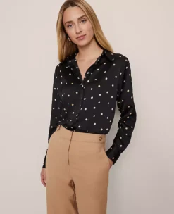 Petite Dotted Satin Button Down Shirt in Cafe Au Lait