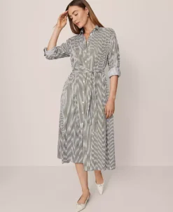 Elegant Petite Striped Collared Midi Shirtdress in Muted Moss
