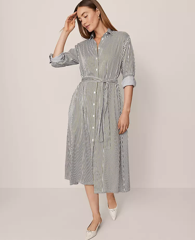 Elegant Petite Striped Collared Midi Shirtdress in Muted Moss 1 Elegant Petite Striped Collared Midi Shirtdress in Muted Moss