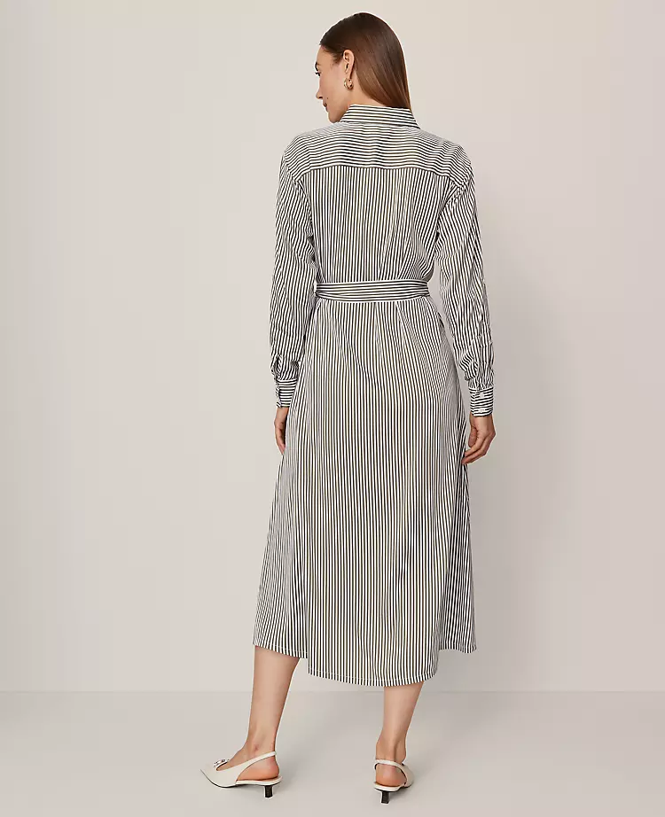 Elegant Petite Striped Collared Midi Shirtdress in Muted Moss 2 Elegant Petite Striped Collared Midi Shirtdress in Muted Moss - Image 2