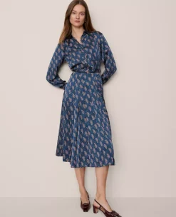 Petite Paisley Pleated Flare Midi Dress with Removable Belt