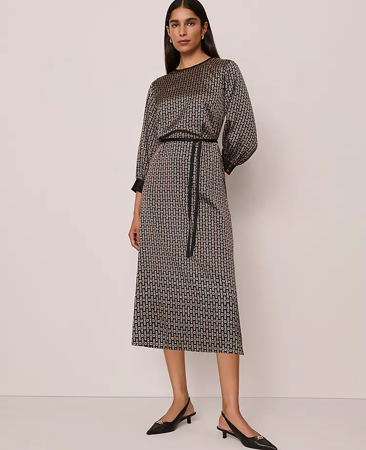 Petite Chain Link Print Midi Dress in Black with Self-Tie Waist 1 Petite Chain Link Print Midi Dress in Black with Self-Tie Waist