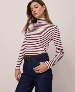 Ann Taylor Petite Weekend Striped Turtleneck Top in Cherry Pie