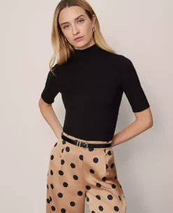 Sophisticated Petite Mock Neck Top with Elbow Sleeves - Black