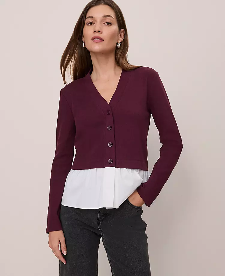 Ann Taylor Petite Weekend Collection Mixed Media Peplum Cardigan 1 Ann Taylor Petite Weekend Collection Mixed Media Peplum Cardigan