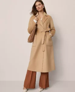 Elegant Petite Belted Notch Collar Wool Blend Coat - Cafe Au Lait