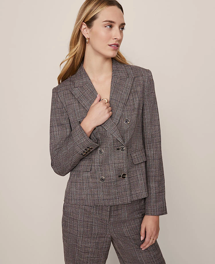 Women's Petite Fitted Double Breasted Blazer in Classic Plaid 4 Women's Petite Fitted Double Breasted Blazer in Classic Plaid - Image 4