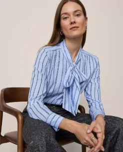 Chain Link Print Satin Bow Blouse Gentle Stream B