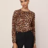 Petite Brown Animal Print Essential Crew Neck Cotton Sweater
