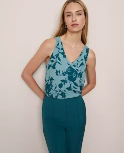 Petite V-Neck Sleeveless Shell - Mixed Media Top in Deep Atlantic Teal