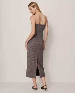 Petite Gathered Strapless Plaid Midi Dress in Black and Brown -Ann Taylor Store 851623 019339 ALT1