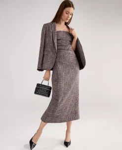 Petite Gathered Strapless Plaid Midi Dress in Black and Brown