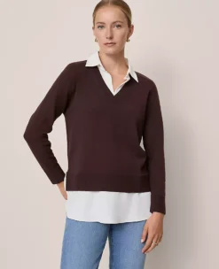 Petite Mixed Media Layered Sweater with Shirt Collar - Pure Chocolate