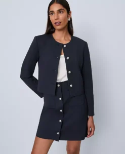 Petite Crew Neck Cropped Jacket - Sophisticated Carbon Navy Ponte
