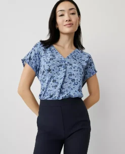 Petite Floral Mixed Media Pleated V-Neck Top in Colony Blue