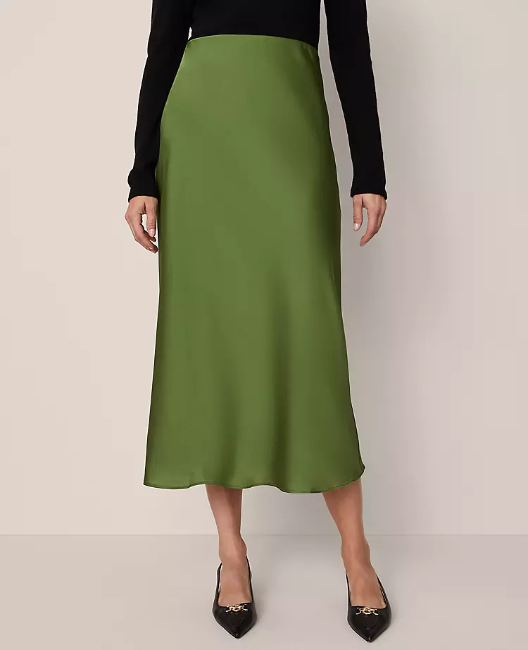Satin Bias Cut Midi Slip Skirt - Elegant Bonsai Green Flared Skirt 3 Satin Bias Cut Midi Slip Skirt - Elegant Bonsai Green Flared Skirt - Image 3