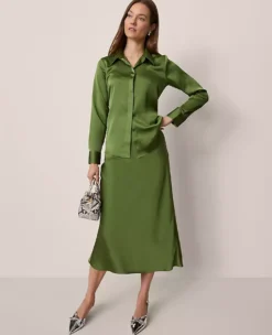 Satin Bias Cut Midi Slip Skirt - Elegant Bonsai Green Flared Skirt 9 Satin Bias Cut Midi Slip Skirt - Elegant Bonsai Green Flared Skirt -Ann Taylor Store 852316 019804 ALT3