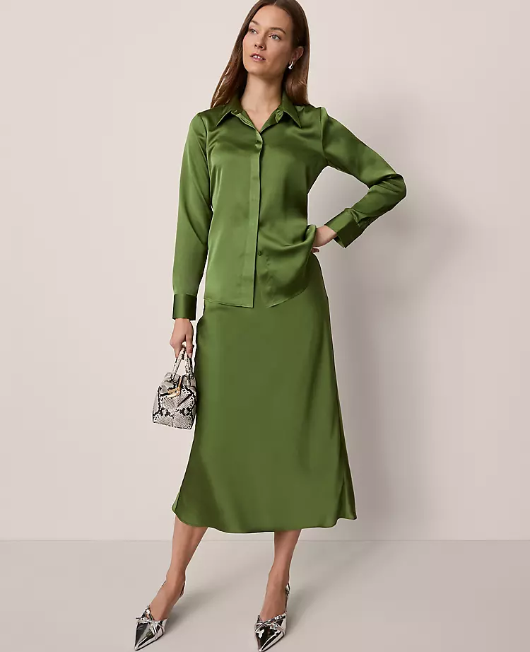 Satin Bias Cut Midi Slip Skirt - Elegant Bonsai Green Flared Skirt 5 Satin Bias Cut Midi Slip Skirt - Elegant Bonsai Green Flared Skirt - Image 5