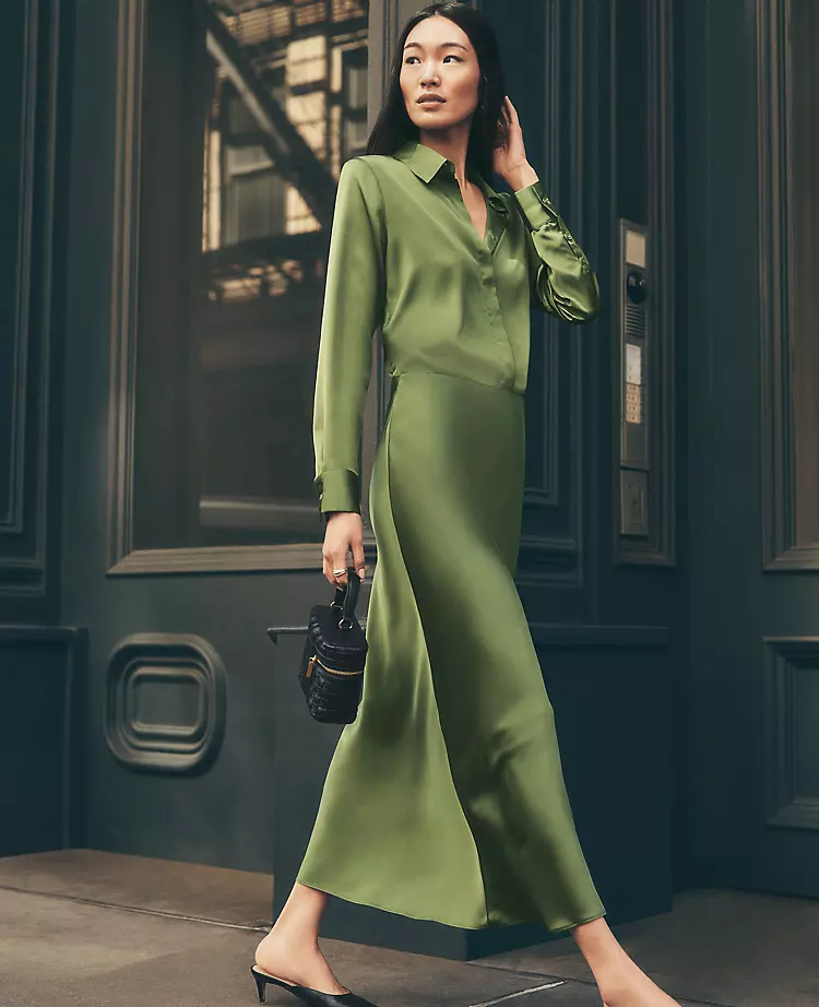 Satin Bias Cut Midi Slip Skirt - Elegant Bonsai Green Flared Skirt 1 Satin Bias Cut Midi Slip Skirt - Elegant Bonsai Green Flared Skirt