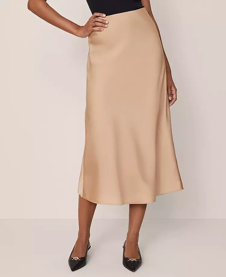 Satin Bias Midi Slip Skirt in Cafe Au Lait 2 Satin Bias Midi Slip Skirt in Cafe Au Lait - Image 2