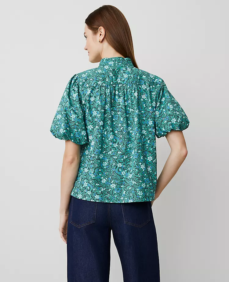 Petite Floral Puff Sleeve Popover Blouse in Mellow Mint 2 Petite Floral Puff Sleeve Popover Blouse in Mellow Mint - Image 2