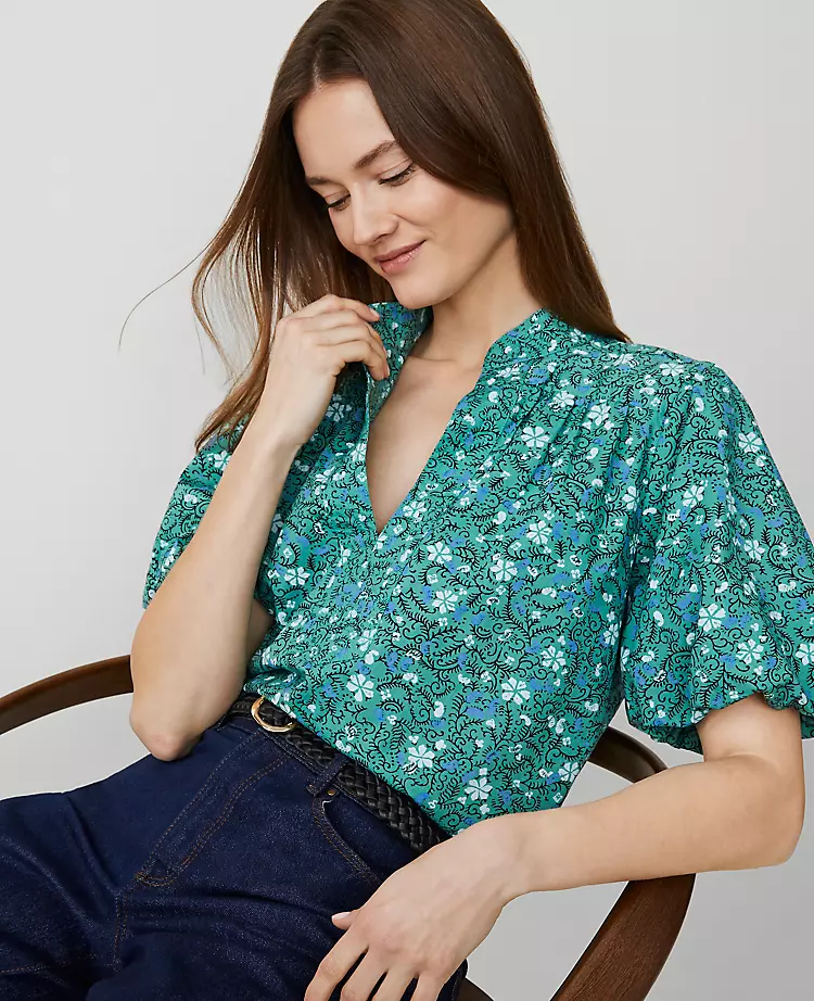 Petite Floral Puff Sleeve Popover Blouse in Mellow Mint 3 Petite Floral Puff Sleeve Popover Blouse in Mellow Mint - Image 3