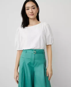 Petite Eyelet Boatneck Popover with Puff Sleeves - White