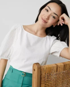 Petite Eyelet Boatneck Popover with Puff Sleeves - White -Ann Taylor Store 852358 9000 ALT2