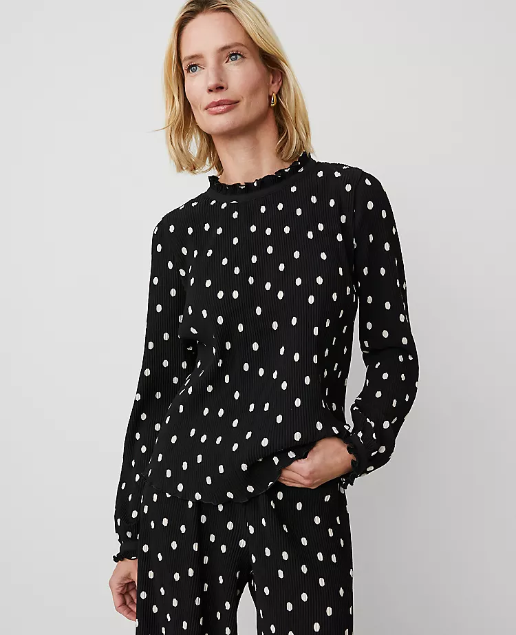 Petite Black Dotted Ruffle Popover Blouse with Puff Sleeves 2 Petite Black Dotted Ruffle Popover Blouse with Puff Sleeves - Image 2