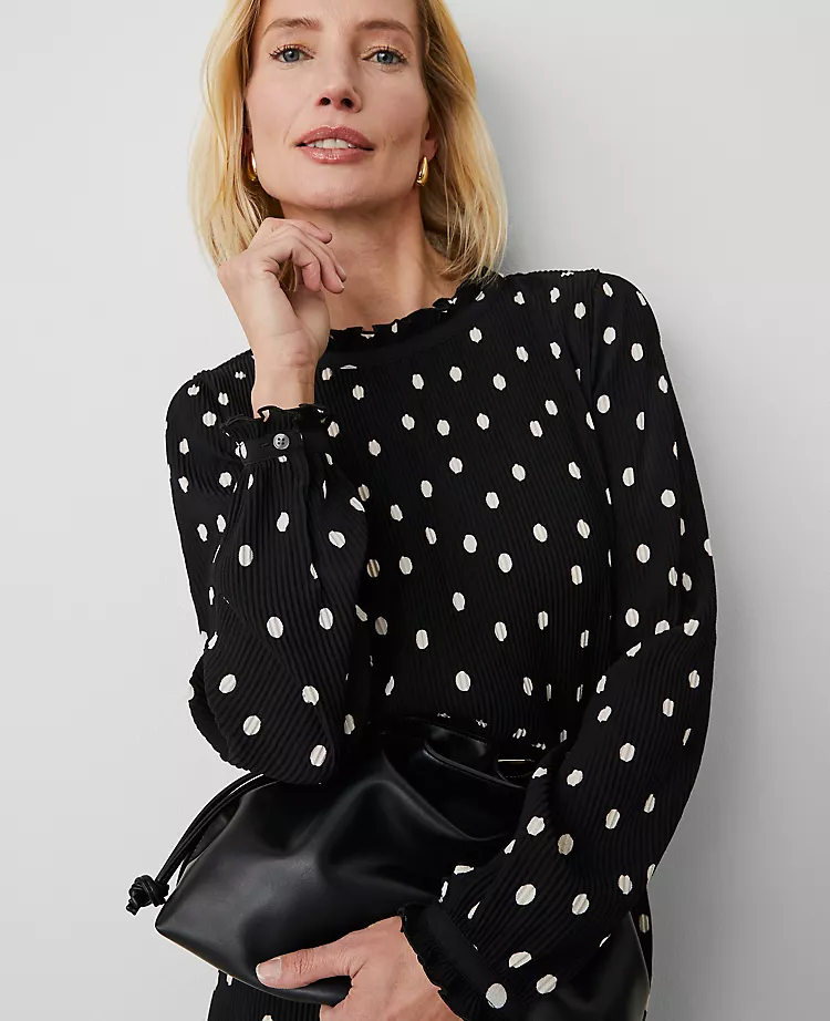 Petite Black Dotted Ruffle Popover Blouse with Puff Sleeves 4 Petite Black Dotted Ruffle Popover Blouse with Puff Sleeves - Image 4