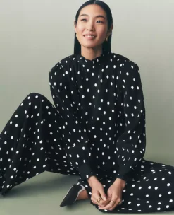 Petite Black Dotted Ruffle Popover Blouse with Puff Sleeves