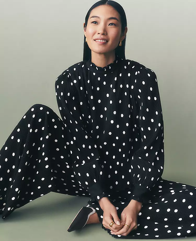 Petite Black Dotted Ruffle Popover Blouse with Puff Sleeves 1 Petite Black Dotted Ruffle Popover Blouse with Puff Sleeves