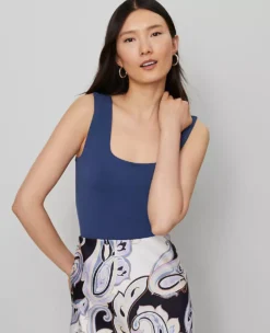 Petite Square Neck Stretch Tank Top in Faded Denim