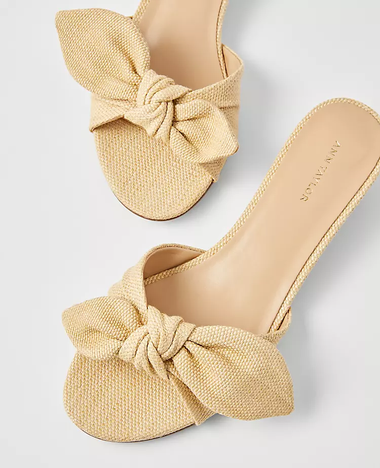 Straw Kitten Heel Sandals with Bow Embellishment - Natural 2 Straw Kitten Heel Sandals with Bow Embellishment - Natural - Image 2