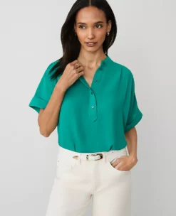 Petite Mock Neck Popover Top with Flowy Dolman Sleeves - Shady Glade