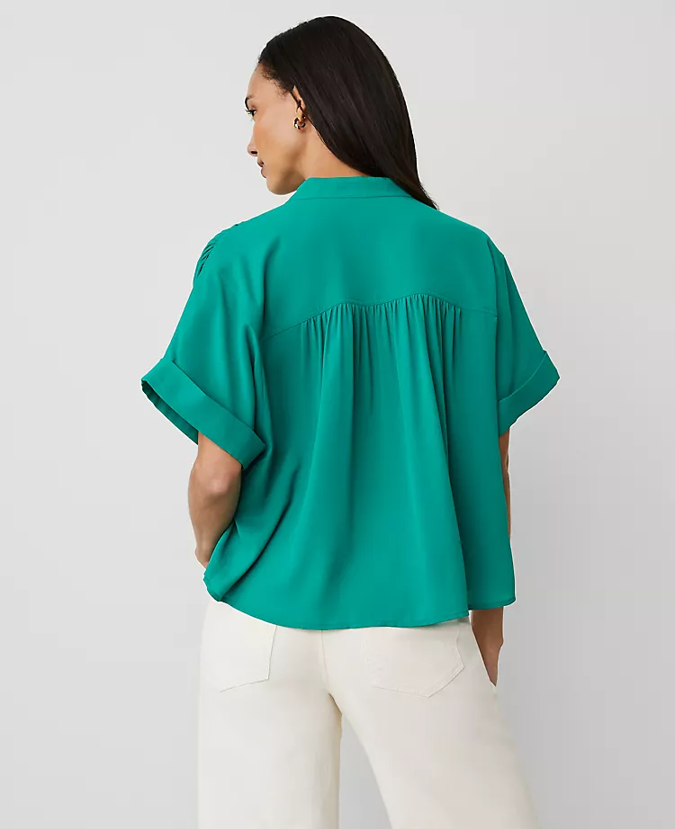 Petite Mock Neck Popover Top with Flowy Dolman Sleeves - Shady Glade 2 Petite Mock Neck Popover Top with Flowy Dolman Sleeves - Shady Glade - Image 2