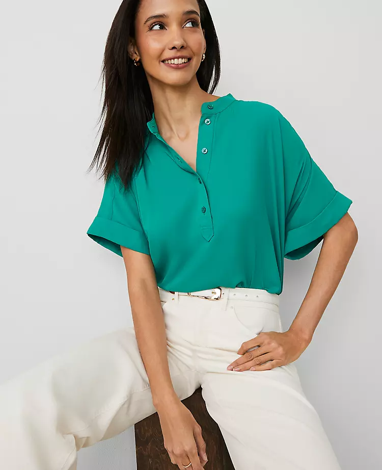 Petite Mock Neck Popover Top with Flowy Dolman Sleeves - Shady Glade 3 Petite Mock Neck Popover Top with Flowy Dolman Sleeves - Shady Glade - Image 3