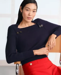 Chic Petite Button Envelope Neck Sweater in Night Sky Blue