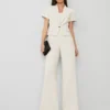 Petite Wide-Leg Ivory Crepe Dress Pants - High-Waist Side-Zip Trousers