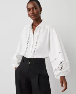 Petite White Linen Blend Embroidered Blouse with Puff Sleeves